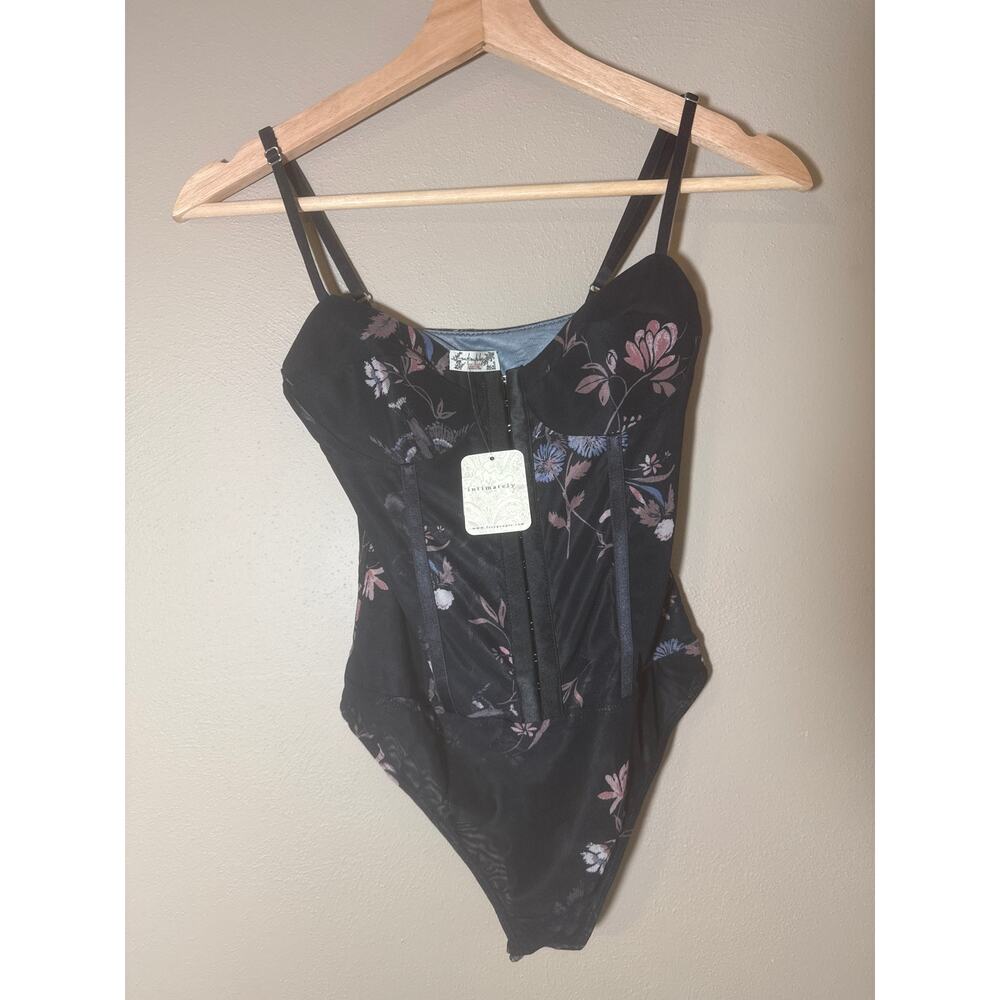 NEW Free People Intimately Sz XS Bodysuit Black w/ Flowers